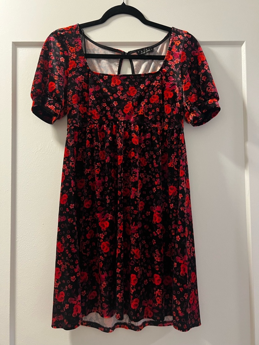 Black Velvet Dress with Red Floral Print